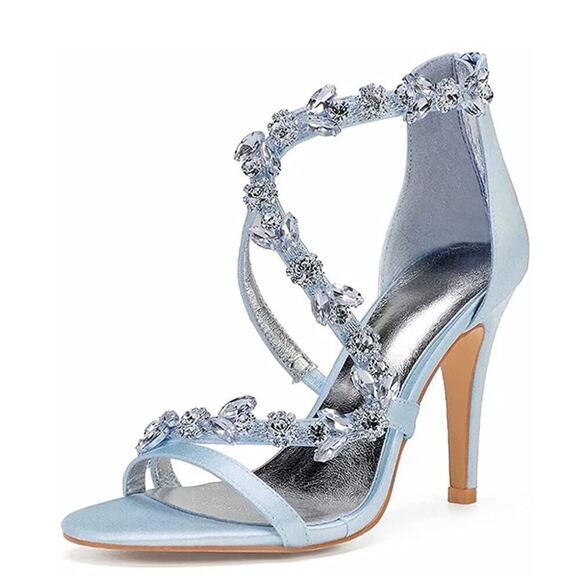 New Boutique Light Blue Crystal Wrapped Strappy High Heels - Picture 1 of 9